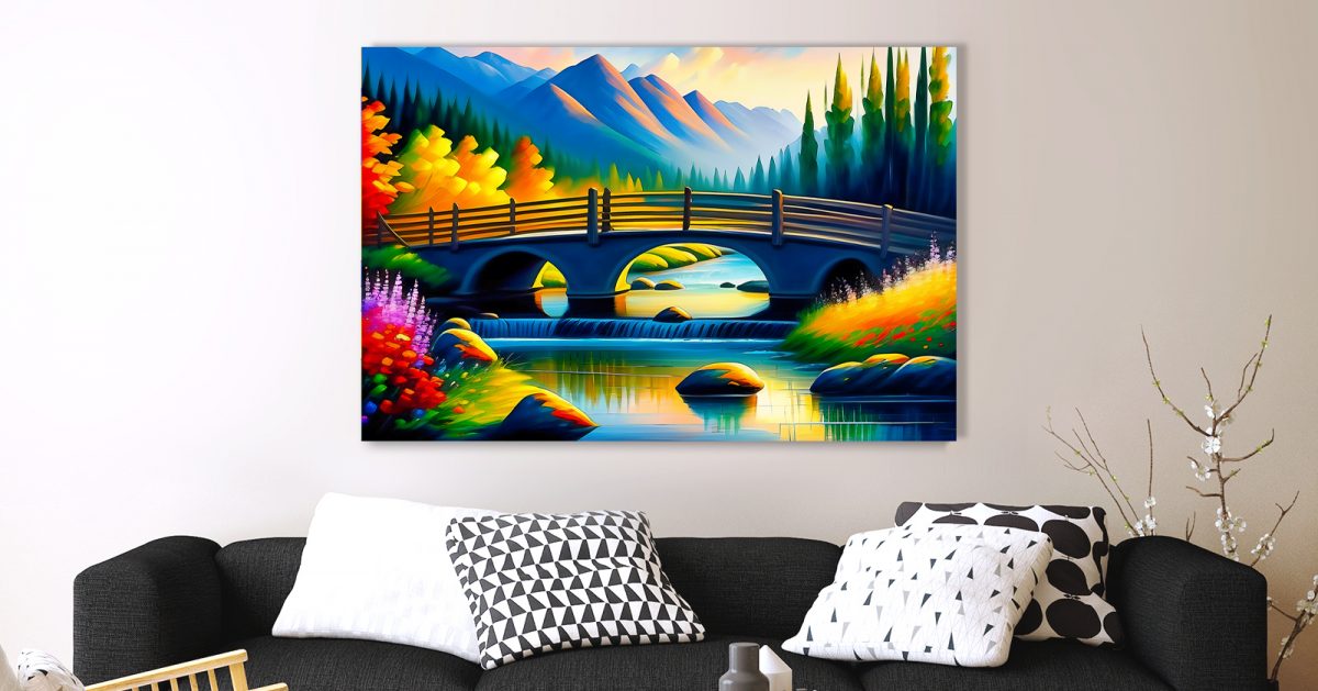 Bridge over a small river (1)_4x-4k Idyllische Brücke am Fluss – Bild auf Leinwand