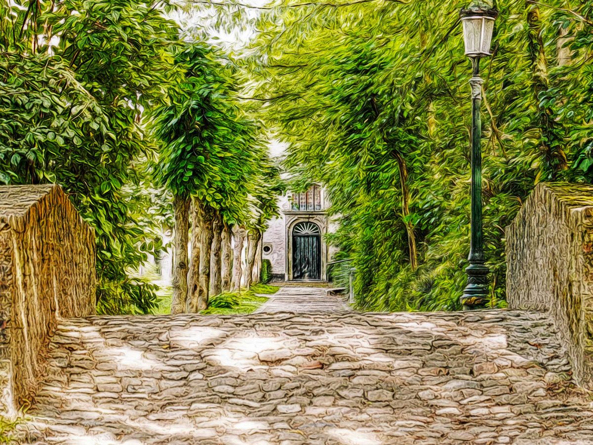 Brücke, Pflaster, Laterne, auf Leinwand, wie Ölgemälde, Digital Art