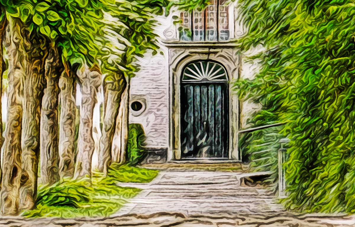 Brücke, Pflaster, Laterne, auf Leinwand, wie Ölgemälde, Digital Art