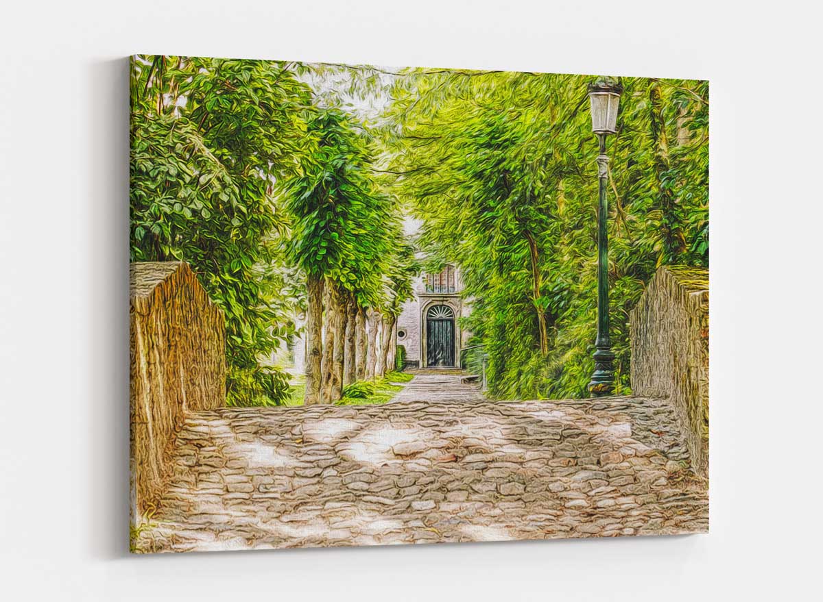 Brücke, Pflaster, Laterne, auf Leinwand, wie Ölgemälde, Digital Art