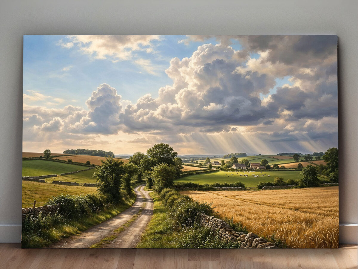 XXL Leinwandbild Landschaft Feldweg Sonnenstrahlen - Bild auf Leinwand