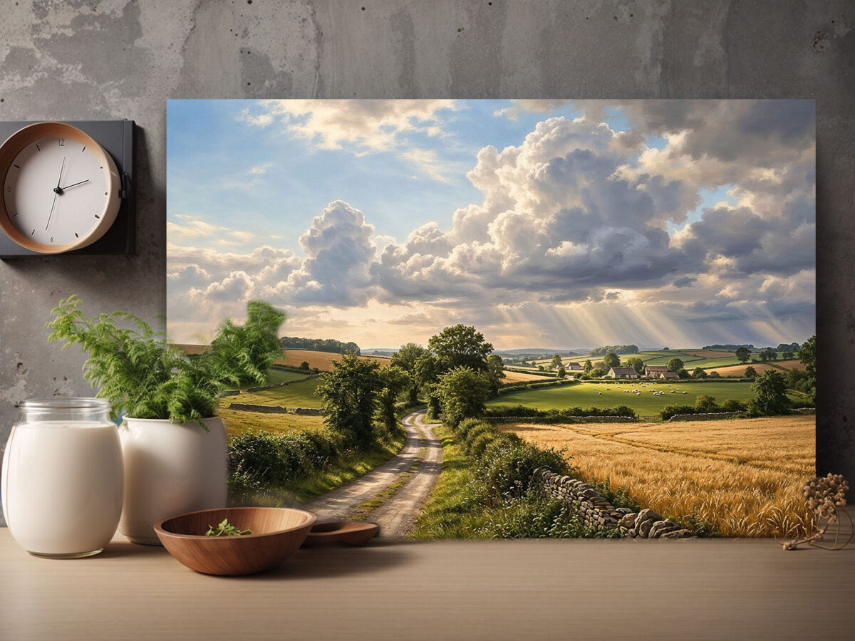 XXL Leinwandbild Landschaft Feldweg Sonnenstrahlen - Bild auf Leinwand