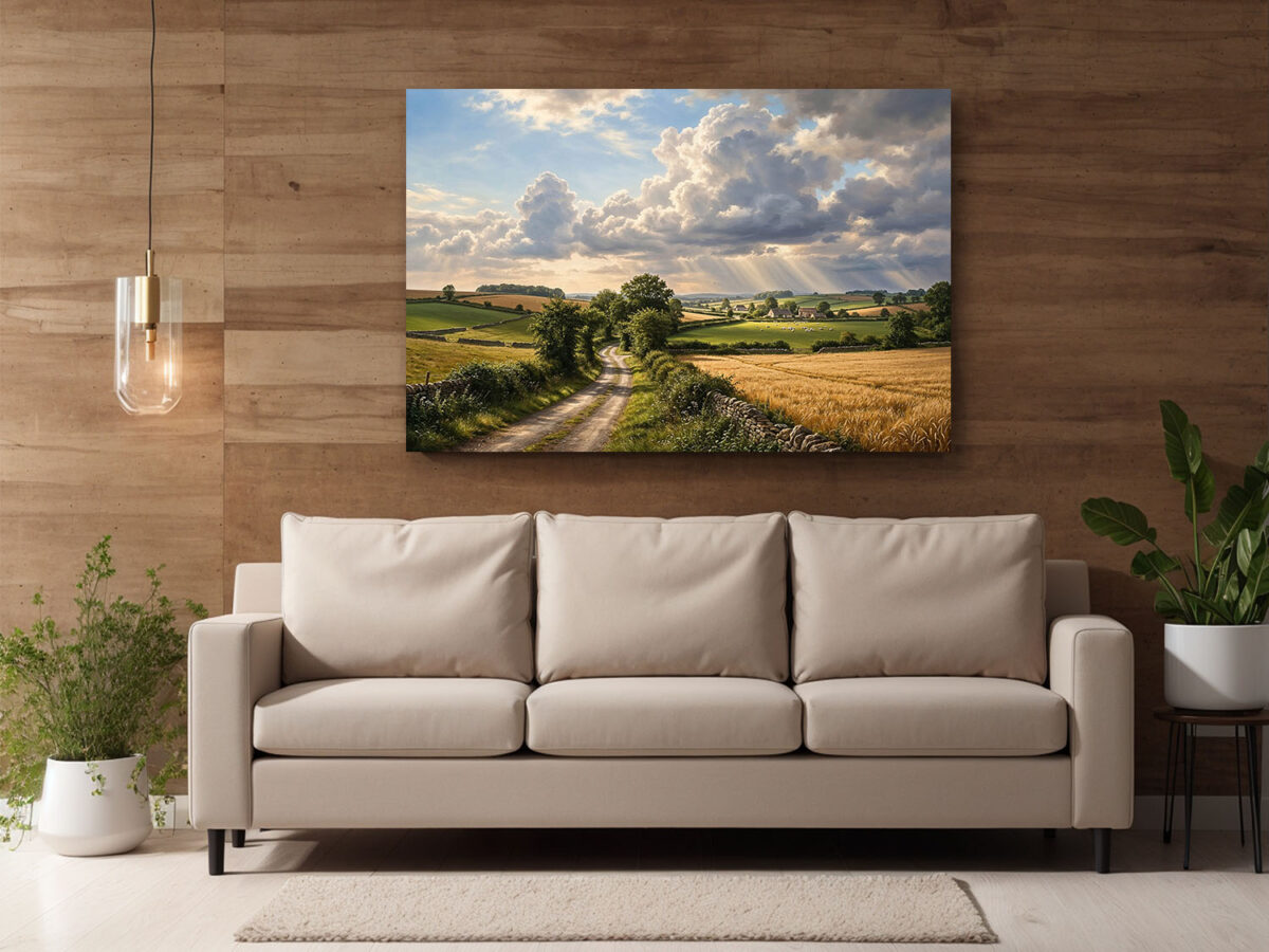 XXL Leinwandbild Landschaft Feldweg Sonnenstrahlen - Bild auf Leinwand