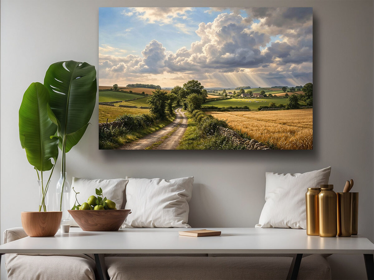 XXL Leinwandbild Landschaft Feldweg Sonnenstrahlen - Bild auf Leinwand