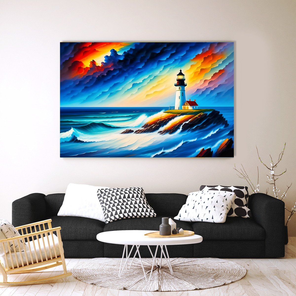 Leuchtturm, Wellen und dramatischem Himmel – Bild auf Leinwand