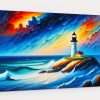 Leuchtturm, Wellen und dramatischem Himmel – Bild auf Leinwand