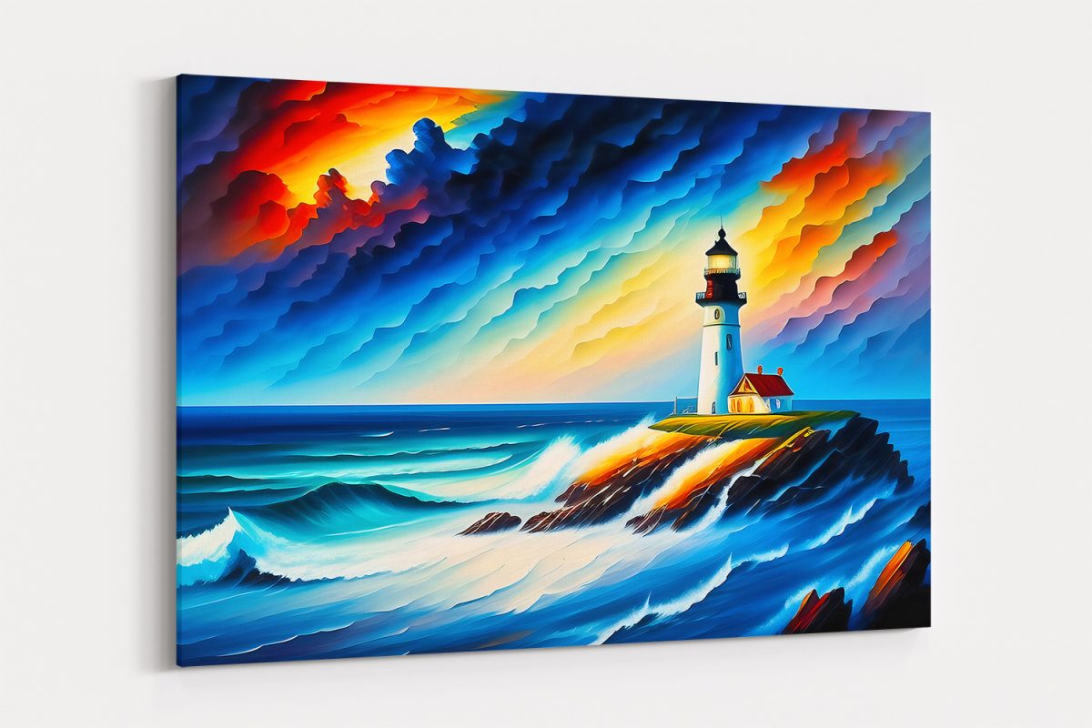 Leuchtturm, Wellen und dramatischem Himmel – Bild auf Leinwand