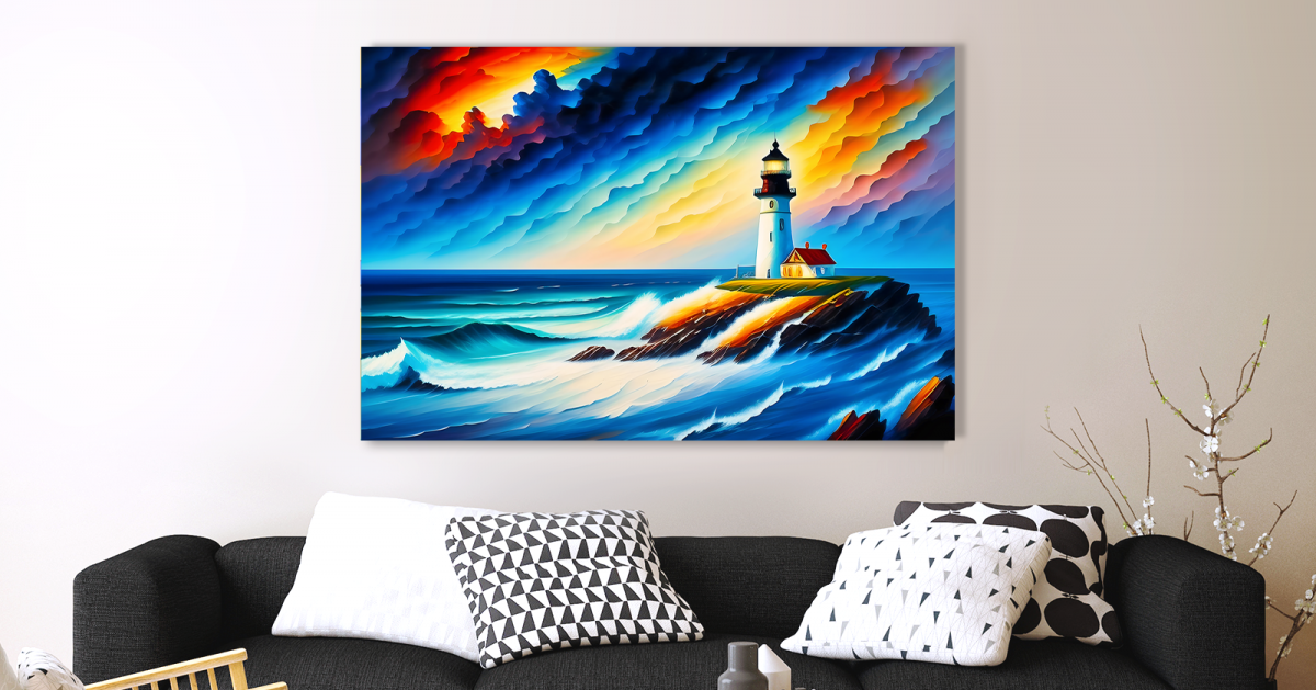 Leuchtturm, Wellen und dramatischem Himmel – Bild auf Leinwand