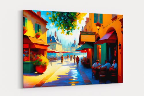 Belebte Straßenszene mit Café – Bild auf Leinwand