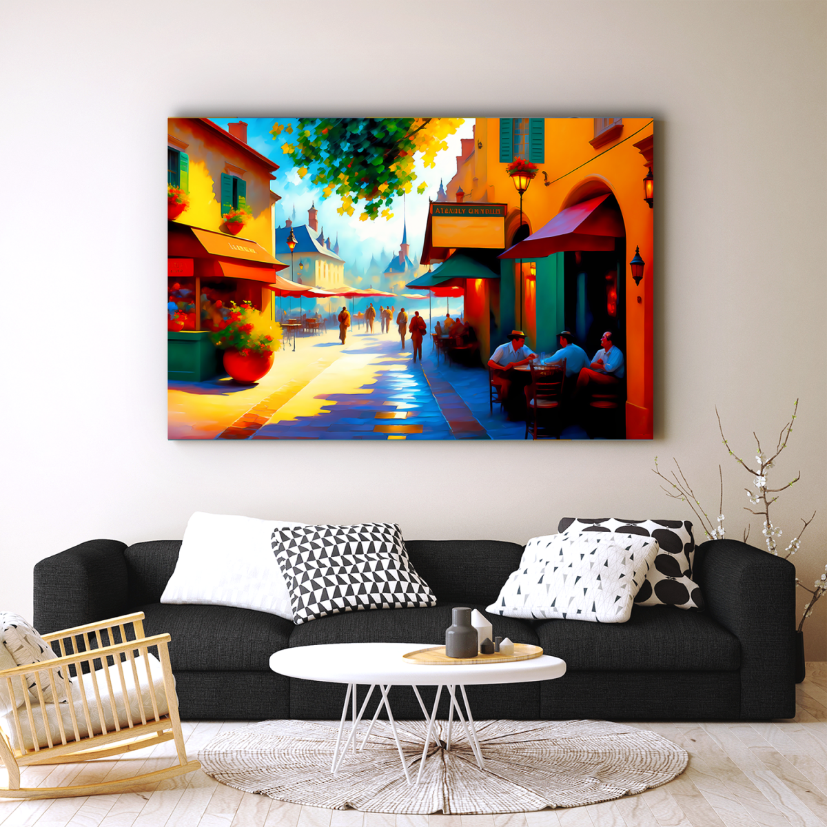 Belebte Straßenszene mit Café – Bild auf Leinwand