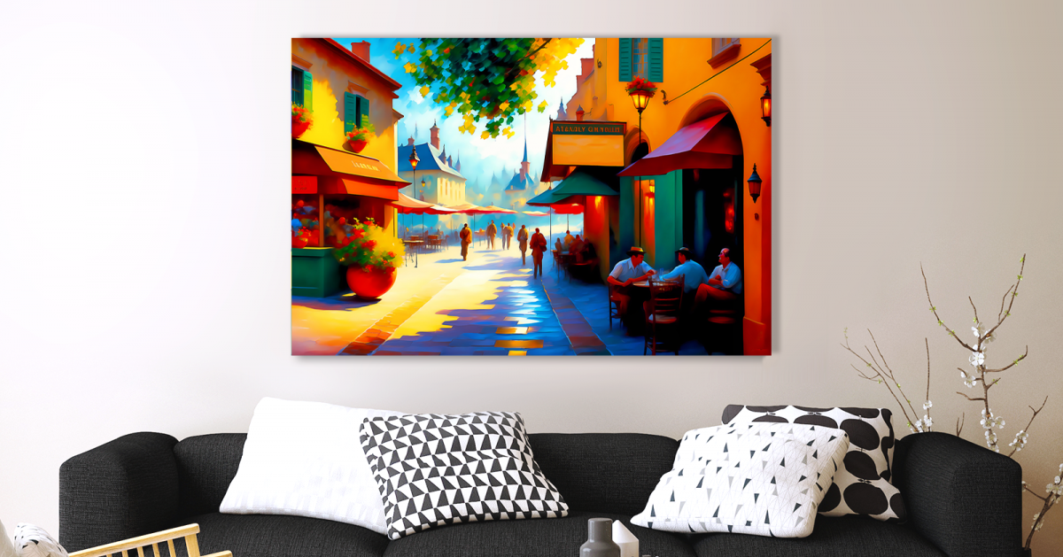 Belebte Straßenszene mit Café – Bild auf Leinwand