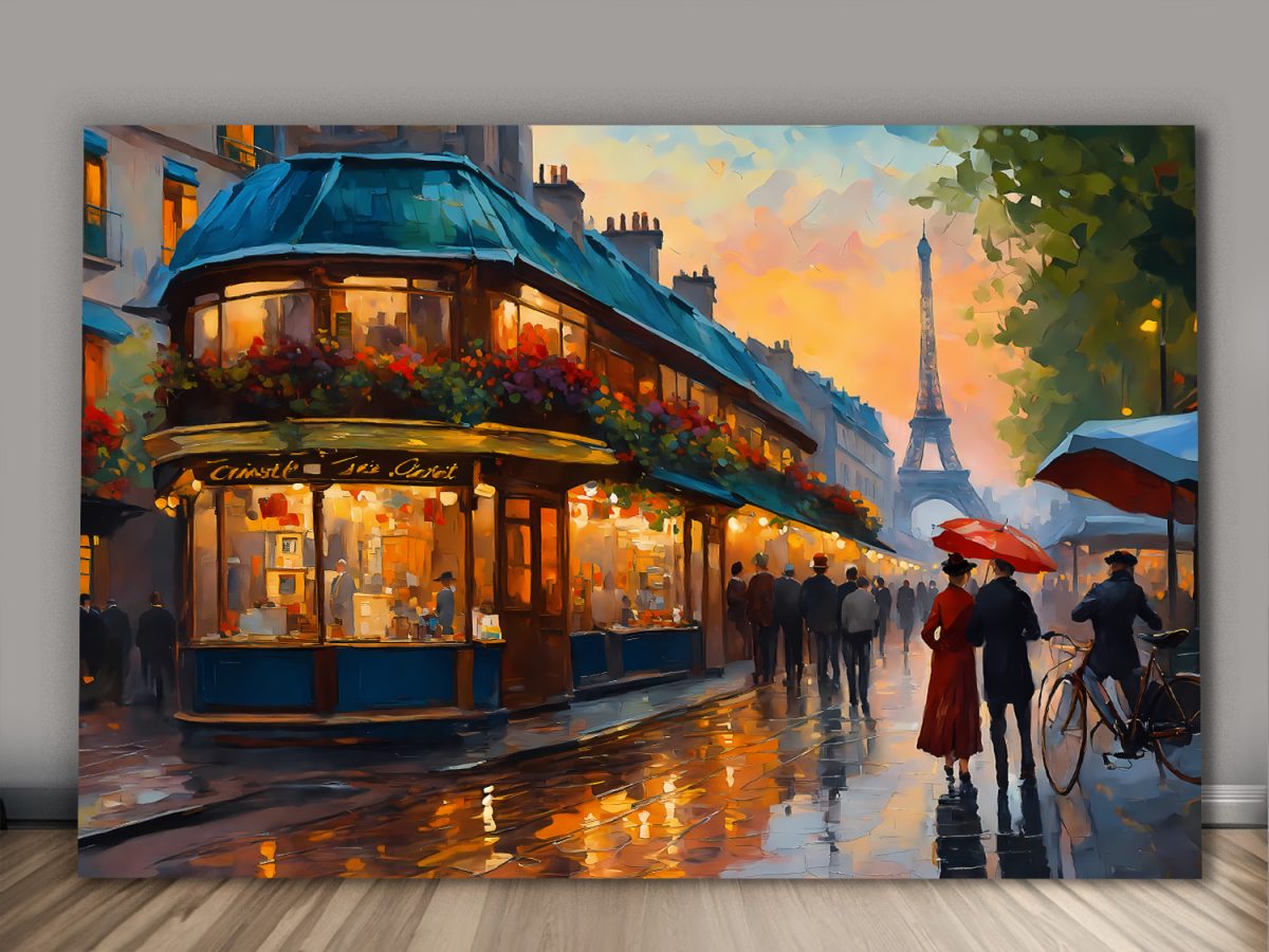 Pariser Straßenszene mit Eiffelturm – wie Ölgemälde, Digital Art