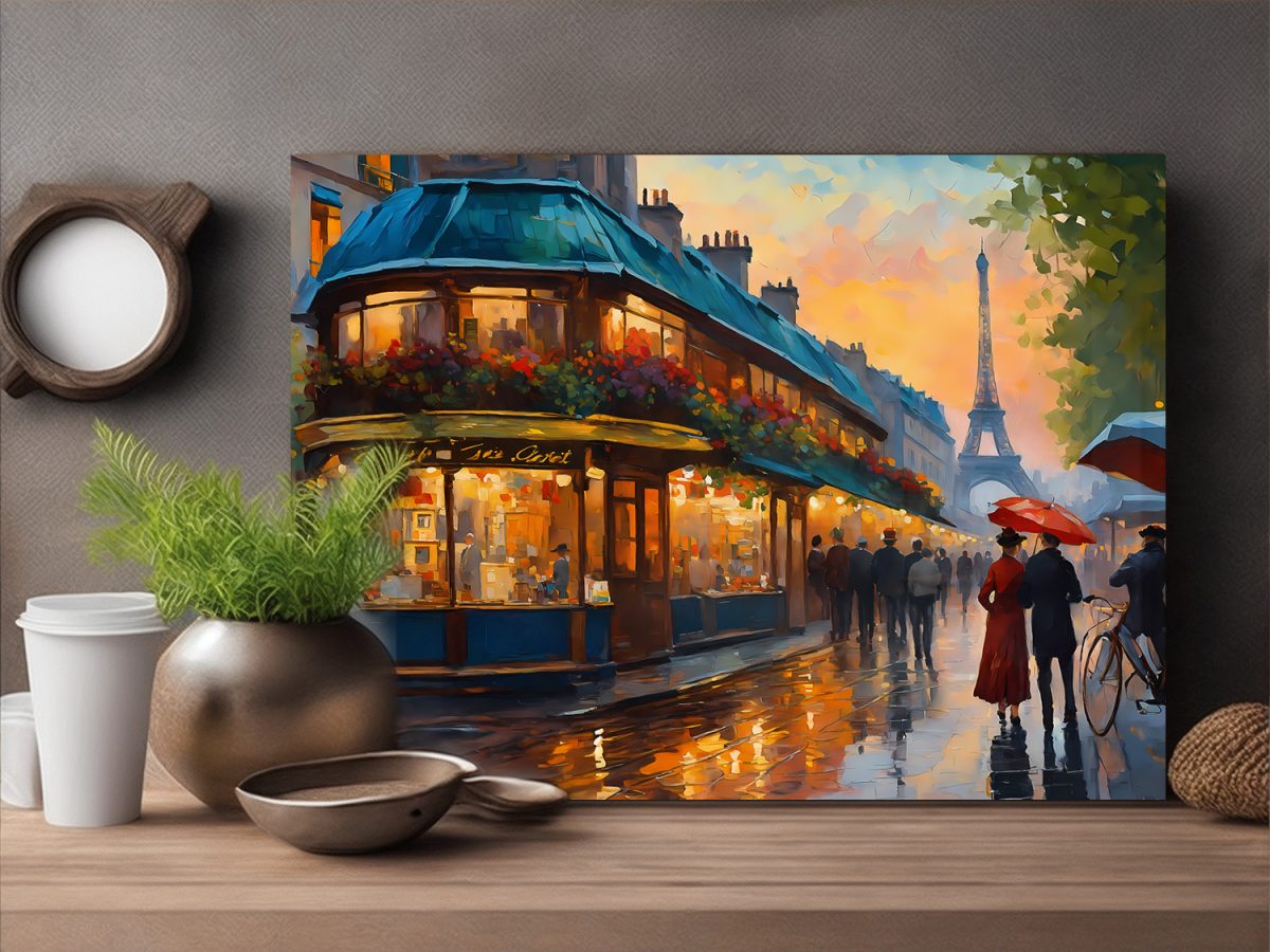 Pariser Straßenszene mit Eiffelturm – wie Ölgemälde, Digital Art