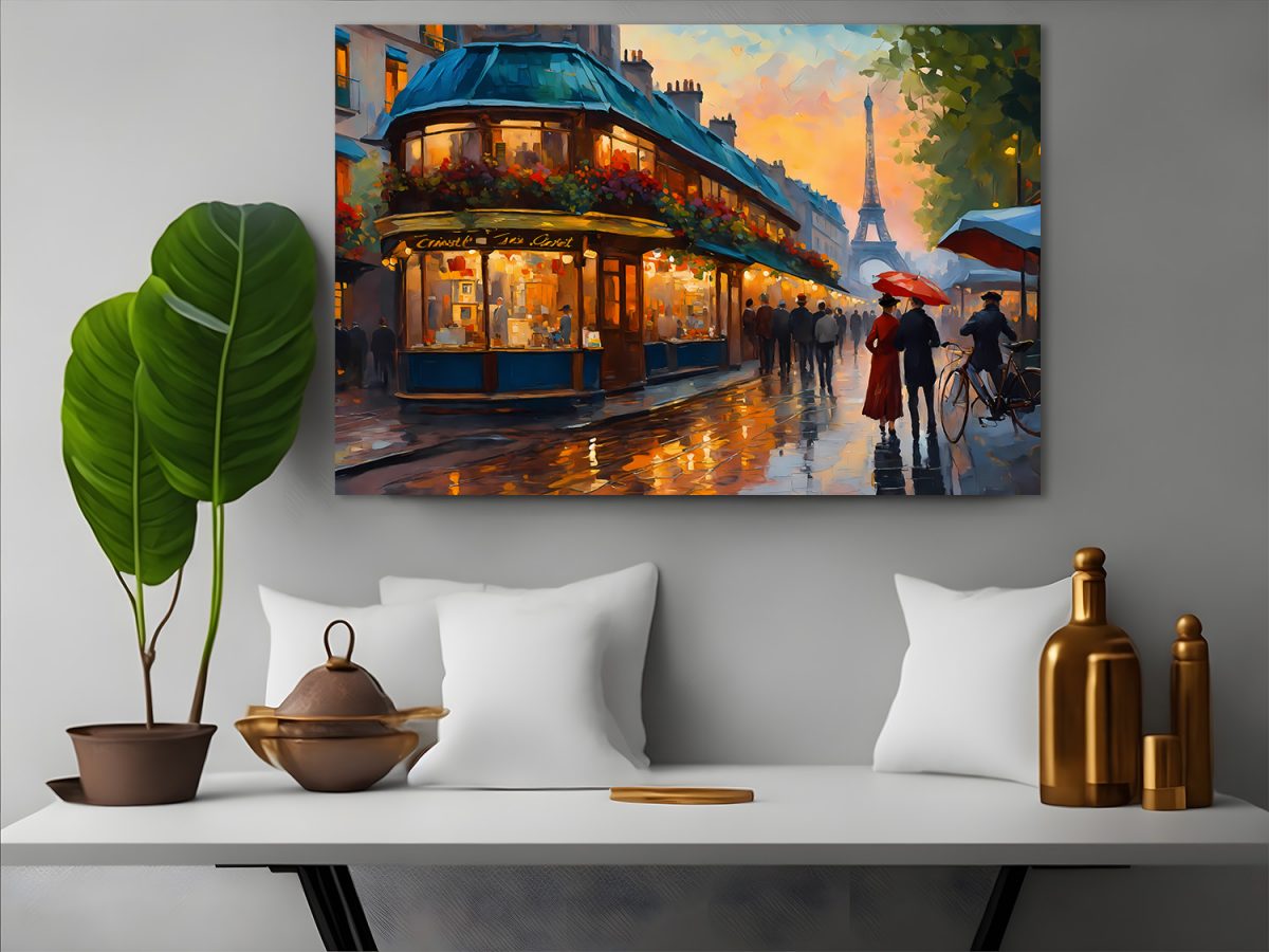 Pariser Straßenszene mit Eiffelturm – wie Ölgemälde, Digital Art
