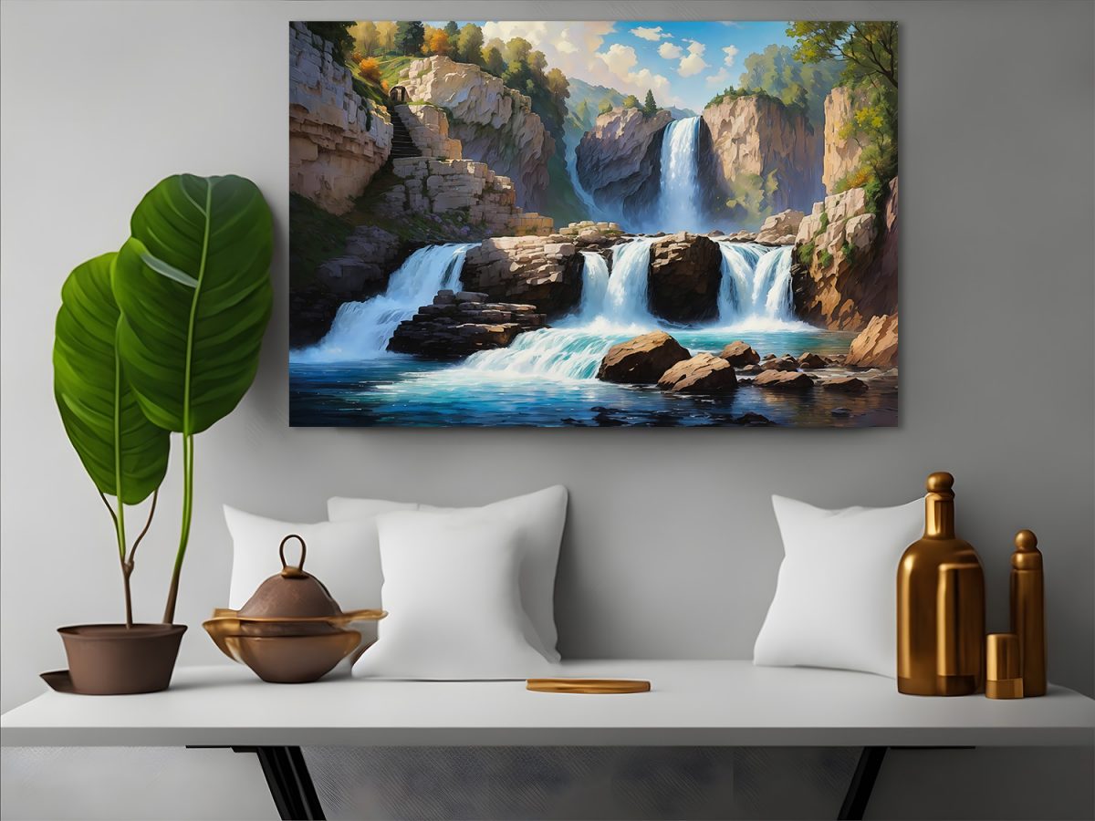 Wasserfall in einer Schlucht  – Bild auf Leinwand