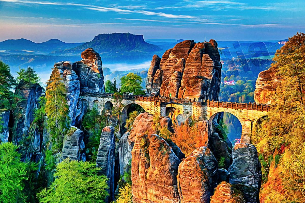 Basteibrücke im Elbsandsteingebirge, auf Leinwand, wie Ölgemälde, Digital Art