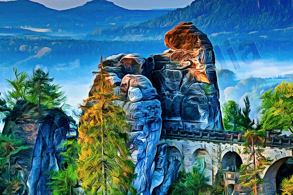 Basteibrücke im Elbsandsteingebirge, auf Leinwand, wie Ölgemälde, Digital Art