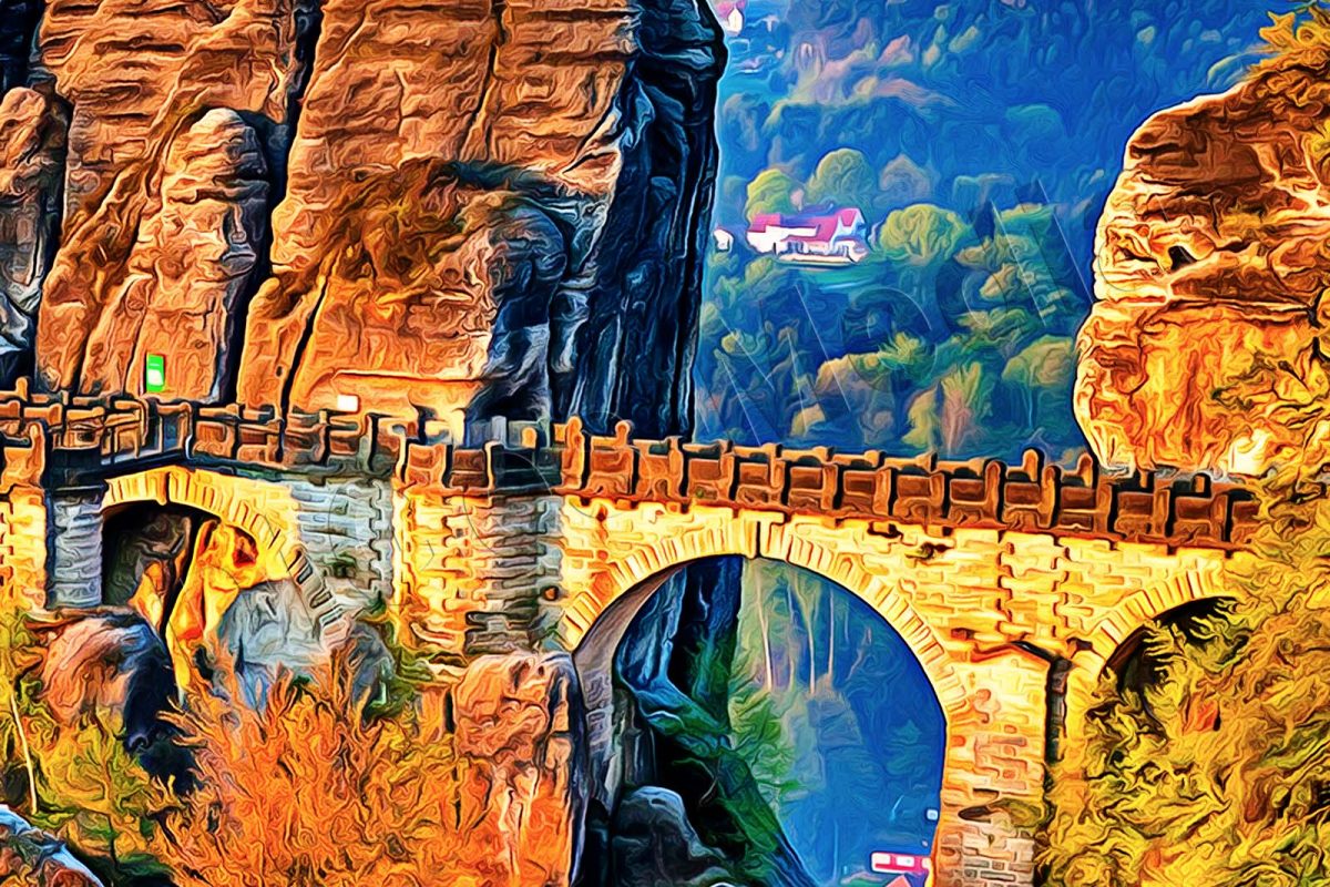 Basteibrücke im Elbsandsteingebirge, auf Leinwand, wie Ölgemälde, Digital Art