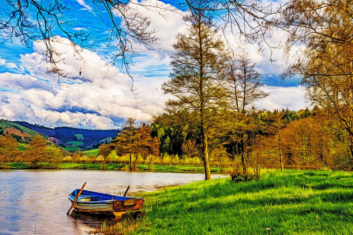 beat-1620452-3k Boot am See, auf Leinwand, wie Ölgemälde, Digital Art