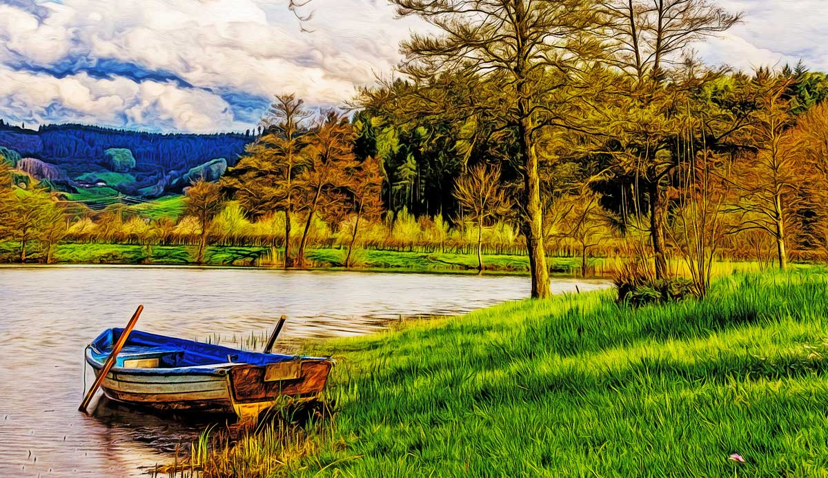 beat-1620452-3k1 Boot am See, auf Leinwand, wie Ölgemälde, Digital Art