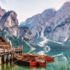 Lago di Braies, Bergsee, Boote, Berge, auf Leinwand, wie Ölgemälde, Digital Art