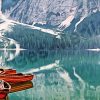 Lago di Braies, Bergsee, Boote, Berge, auf Leinwand, wie Ölgemälde, Digital Art