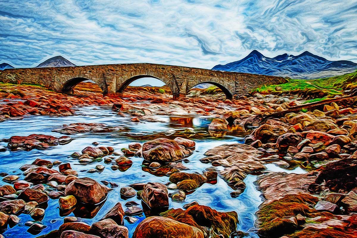 Brücke, Flusslandschaft, Fluss, Berge, auf Leinwand, wie Ölgemälde, Digital Art