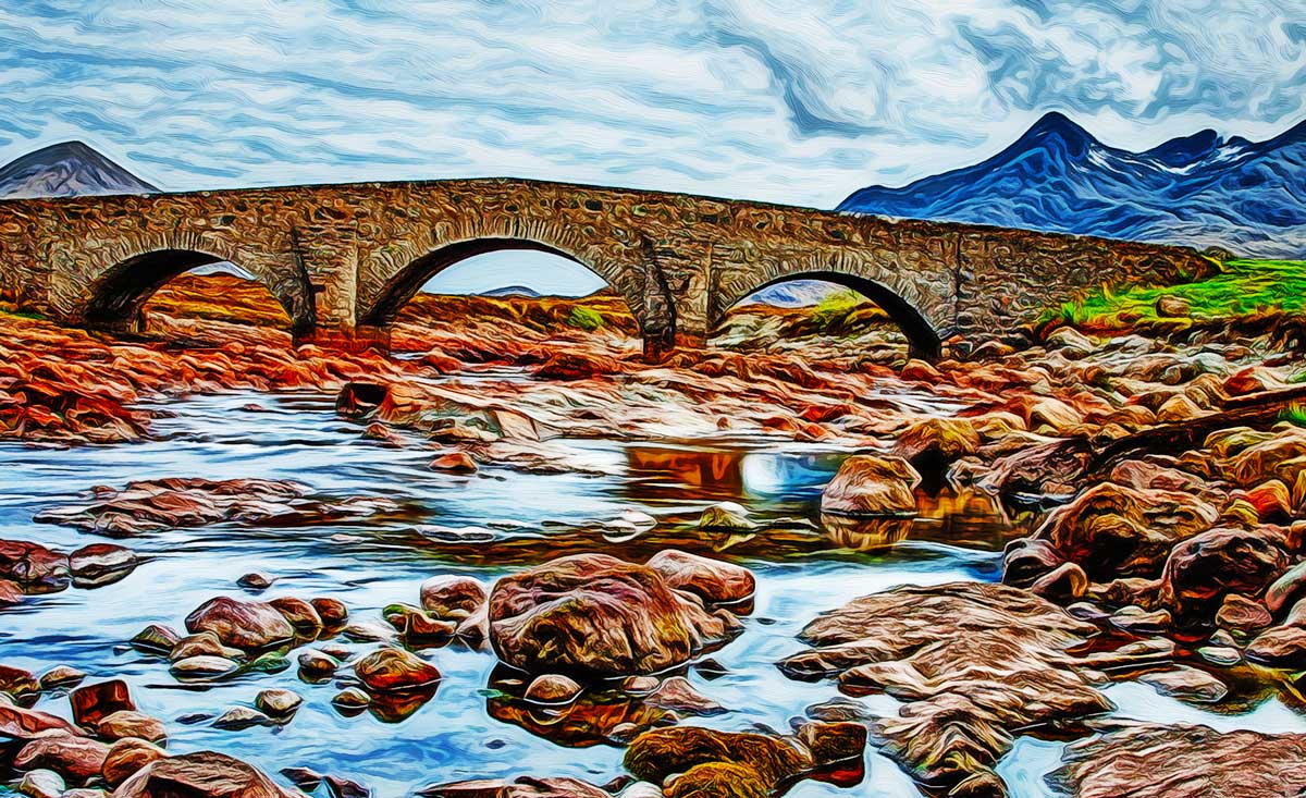 Brücke, Flusslandschaft, Fluss, Berge, auf Leinwand, wie Ölgemälde, Digital Art