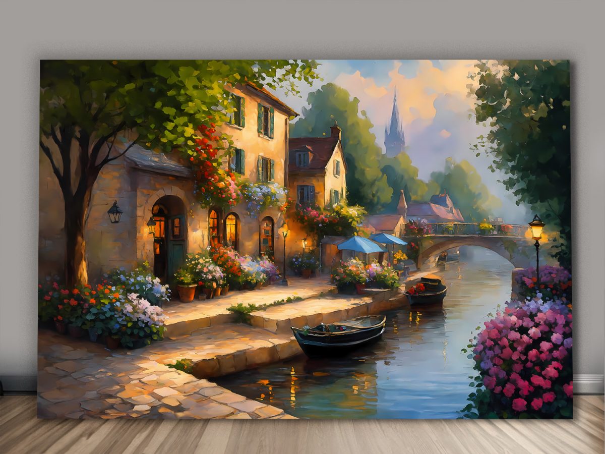 Europäisches Dorf am Abend – Bild auf Leinwand