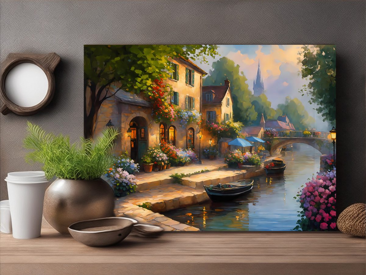 Europäisches Dorf am Abend – Bild auf Leinwand