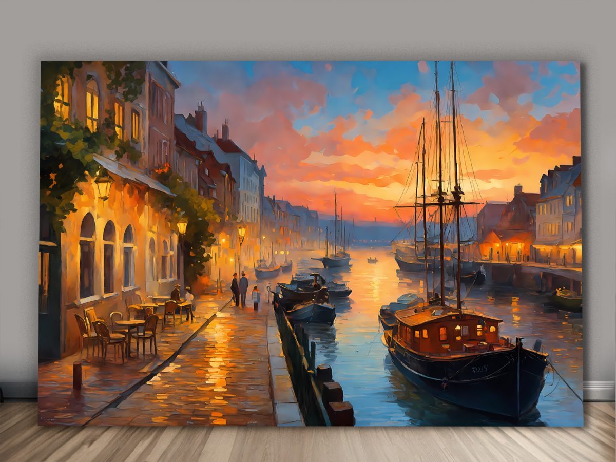 Hafen bei Sonnenuntergang – Bild auf Leinwand