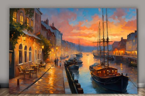 Hafen bei Sonnenuntergang – Bild auf Leinwand