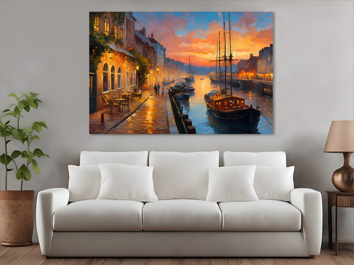 Hafen bei Sonnenuntergang – Bild auf Leinwand