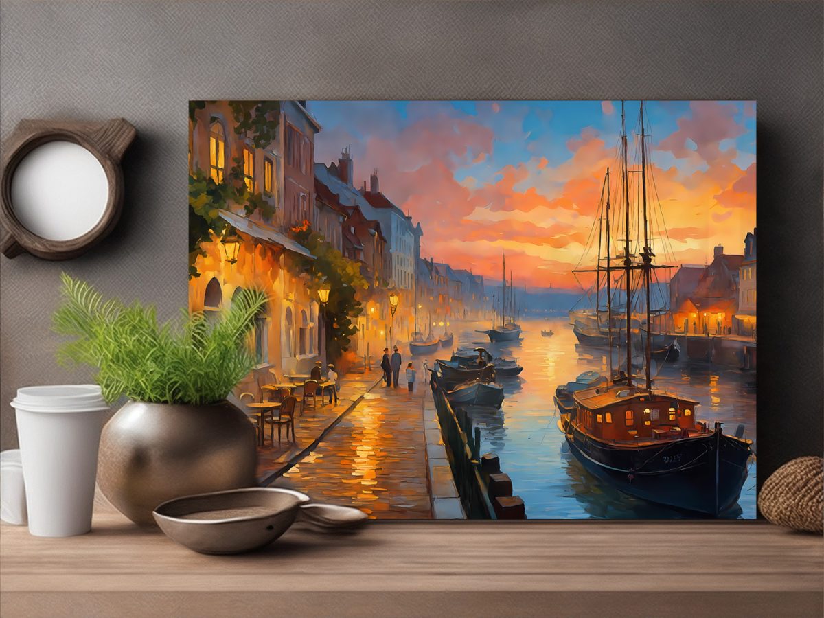 Hafen bei Sonnenuntergang – Bild auf Leinwand