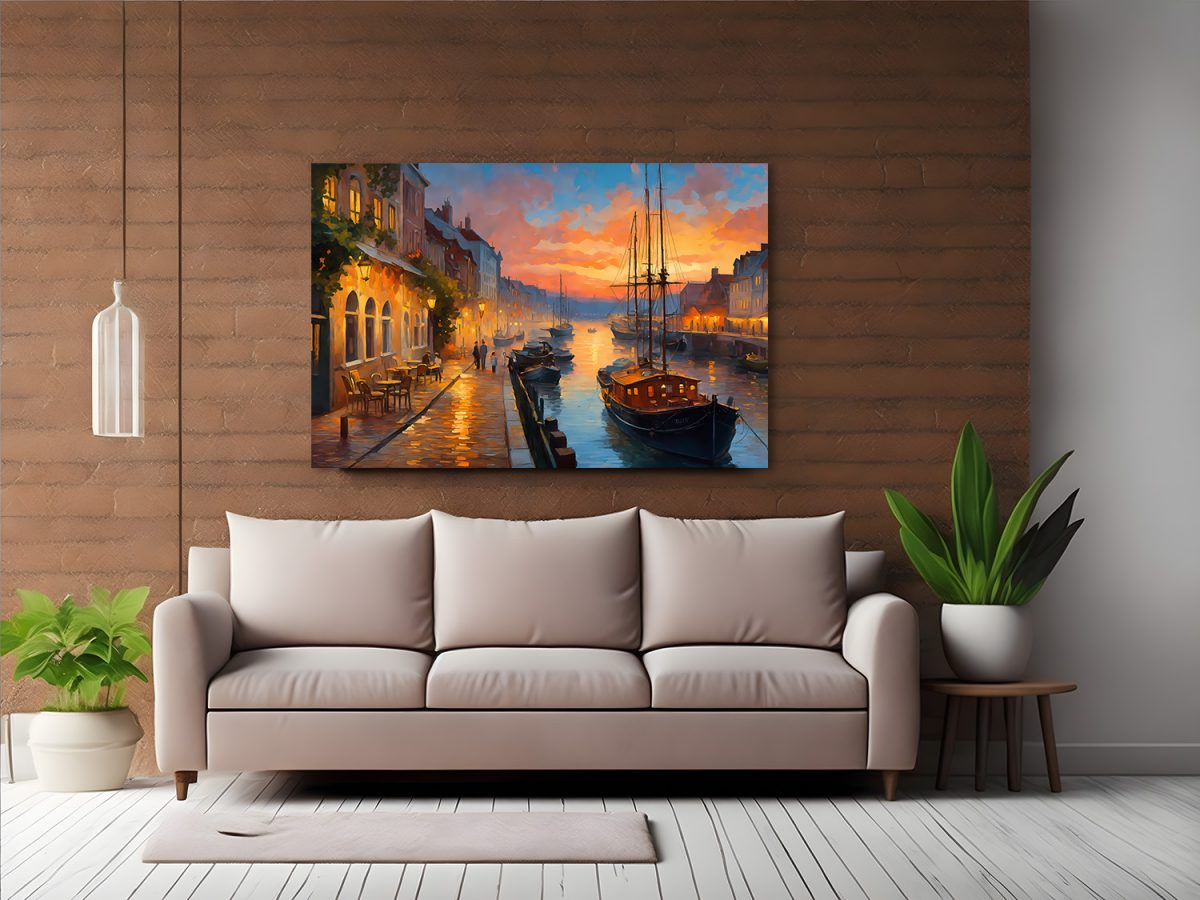 Hafen bei Sonnenuntergang – Bild auf Leinwand