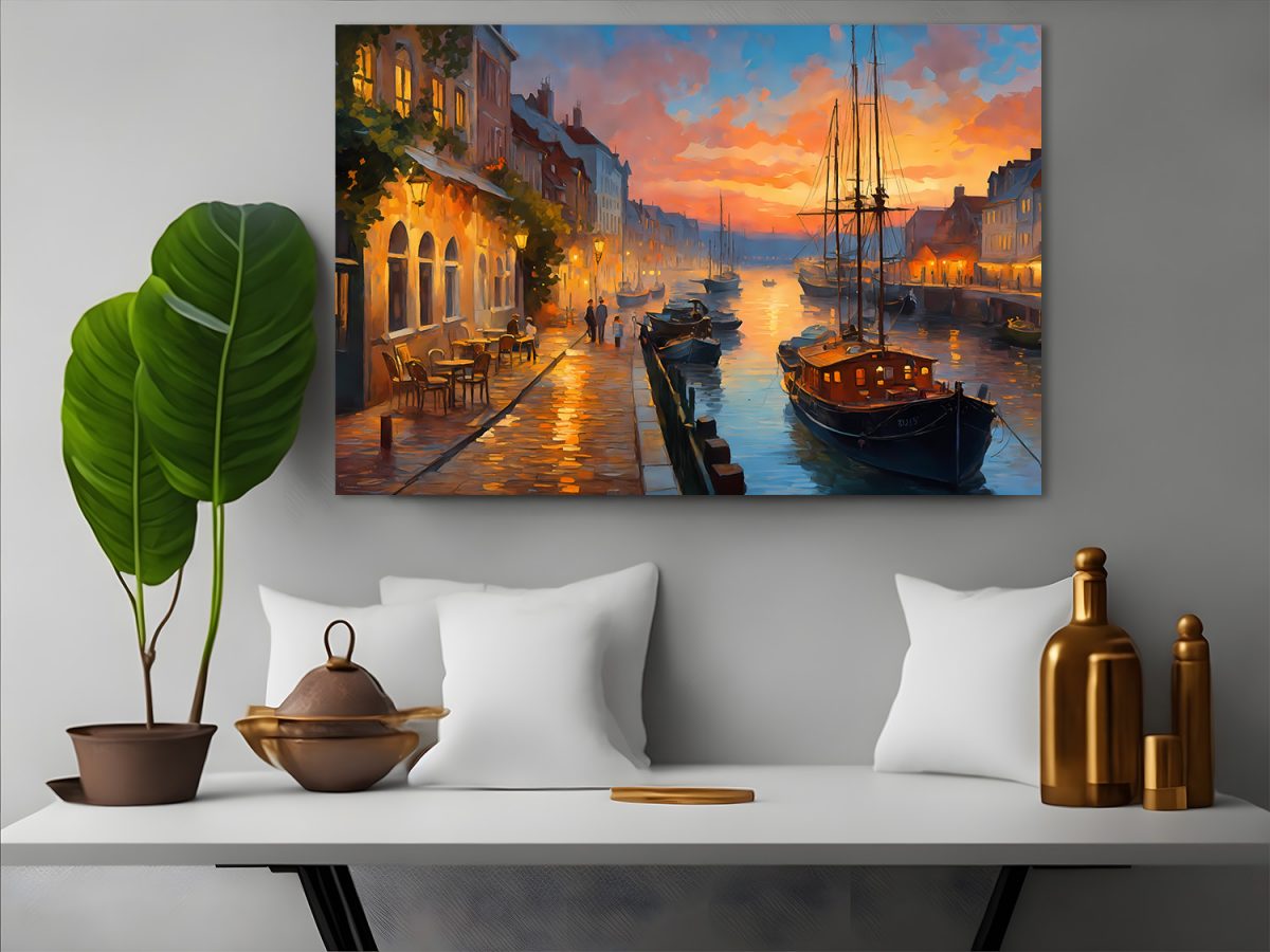 Hafen bei Sonnenuntergang – Bild auf Leinwand