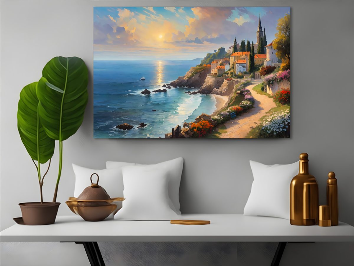 Sonnenuntergang über der Küstenstadt – wie Ölgemälde
