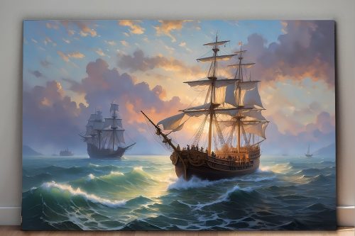 Segelschiffe bei Sonnenuntergang, wie Ölgemälde, Digital Art