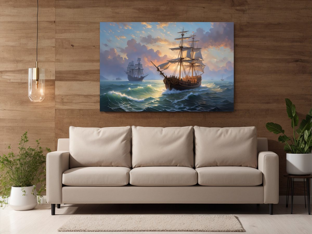 segelschiff1-4 Segelschiffe bei Sonnenuntergang, wie Ölgemälde, Digital Art