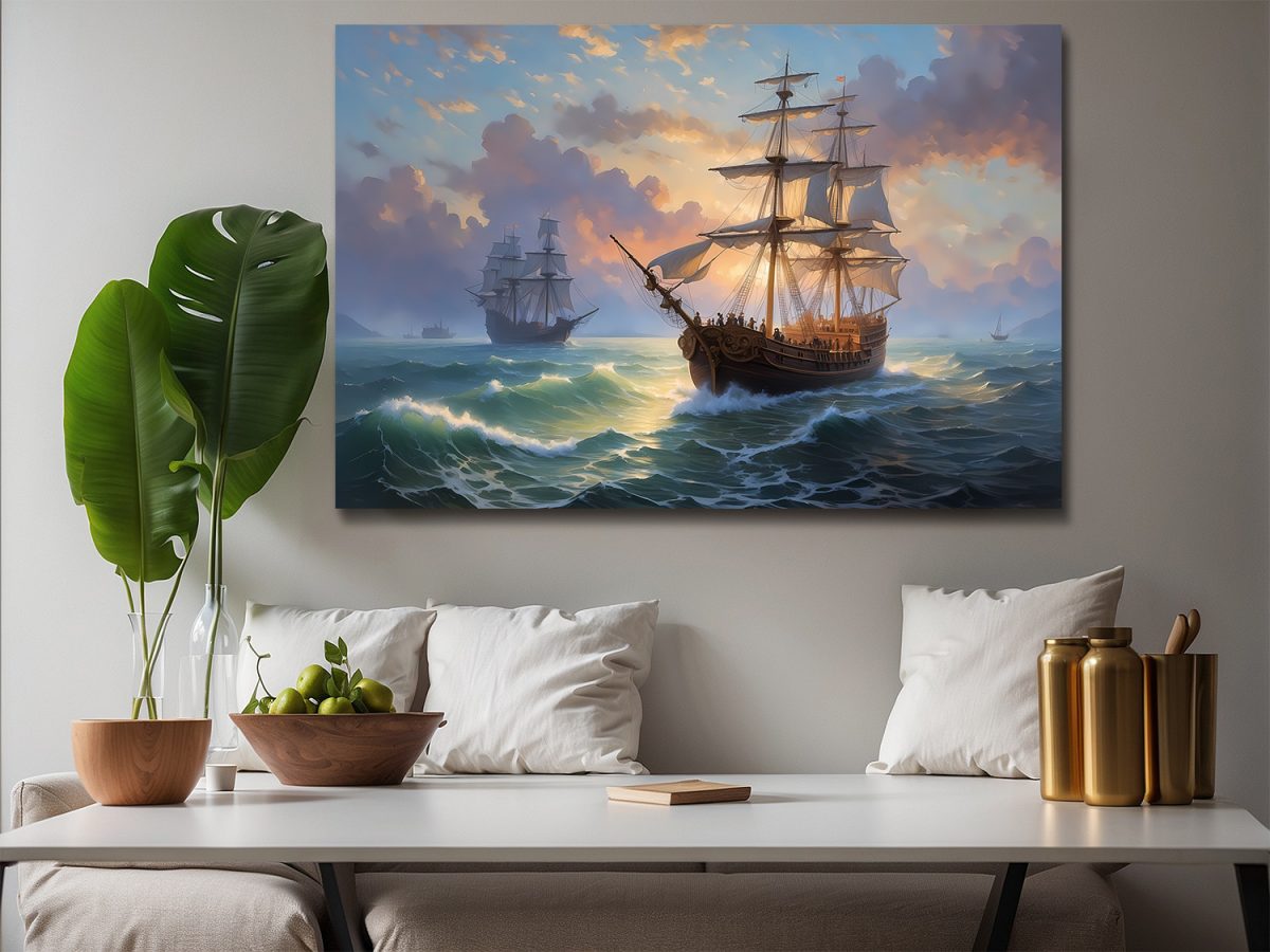 segelschiff1-5 Segelschiffe bei Sonnenuntergang, wie Ölgemälde, Digital Art