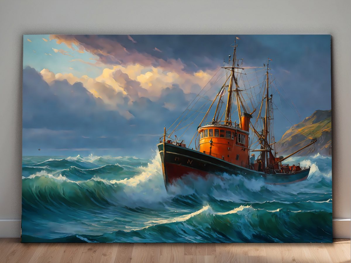 Fischkutter in rauher See – wie Ölgemälde, Digital Art