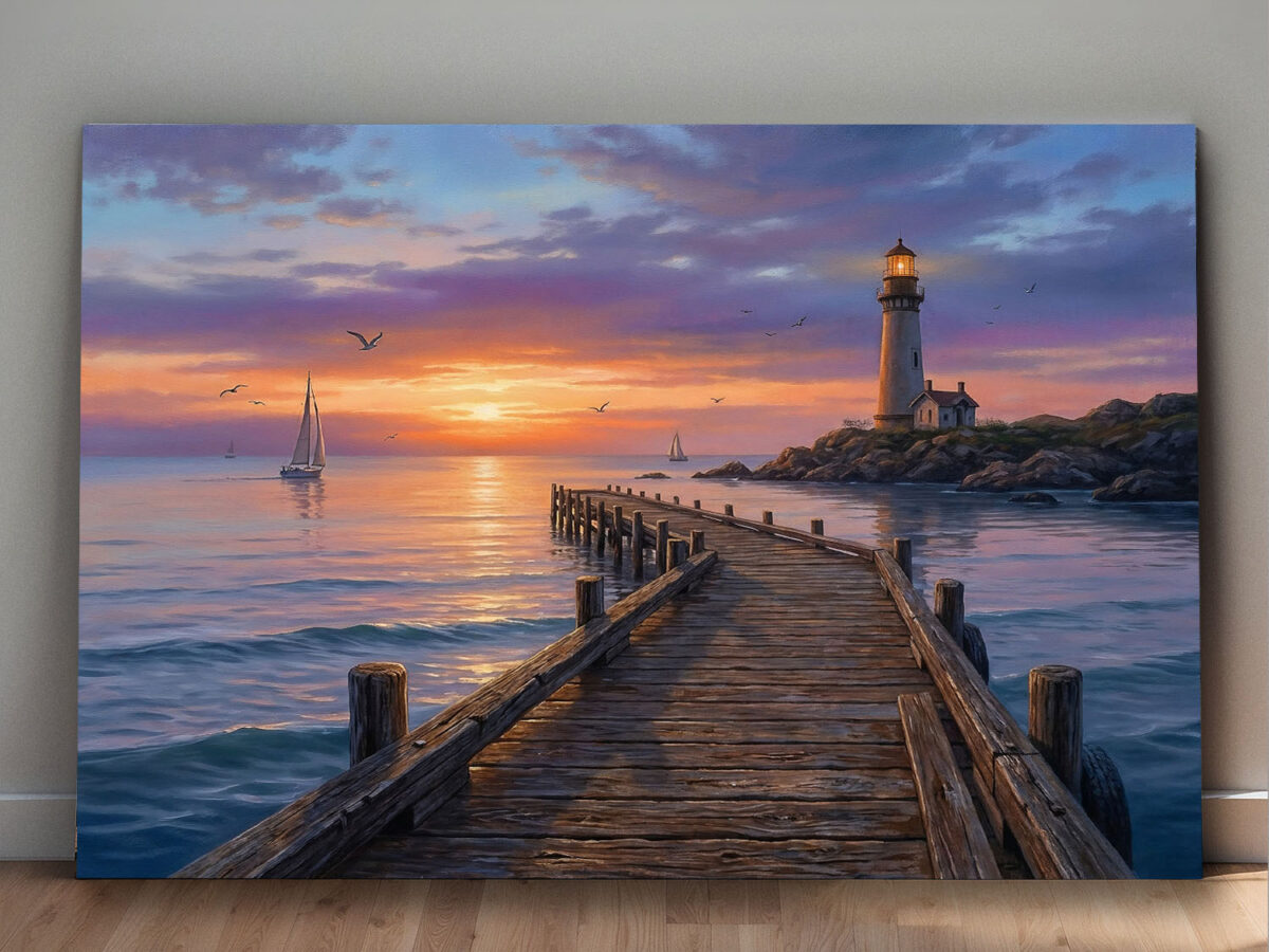 XXL Leinwandbild Leuchtturm und Steg - Wandbild Maritim