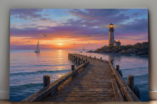 steg1_0000_Gruppe 5 XXL Leinwandbild Leuchtturm und Steg - Wandbild Maritim