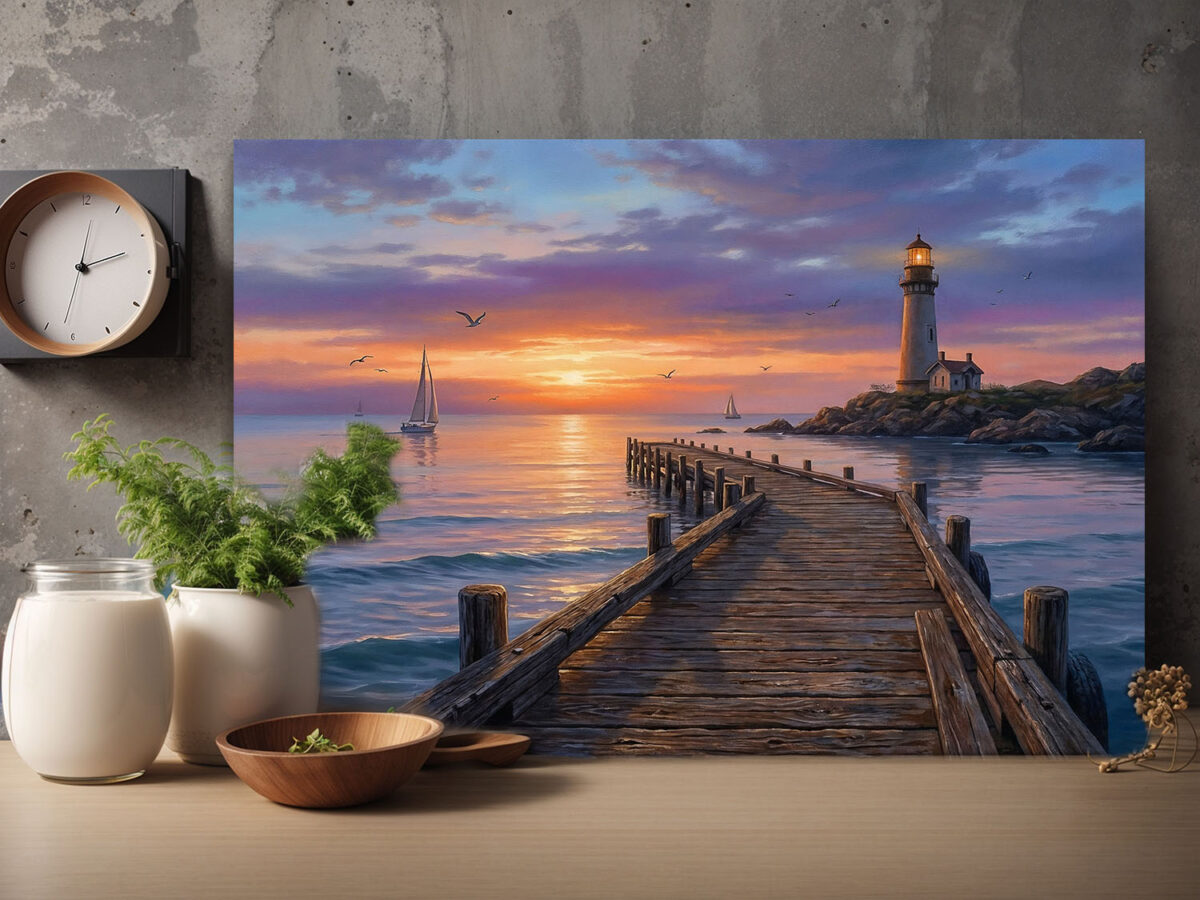 XXL Leinwandbild Leuchtturm und Steg - Wandbild Maritim