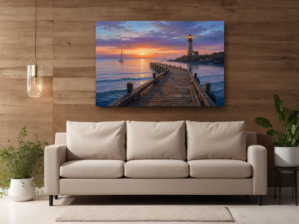 XXL Leinwandbild Leuchtturm und Steg - Wandbild Maritim