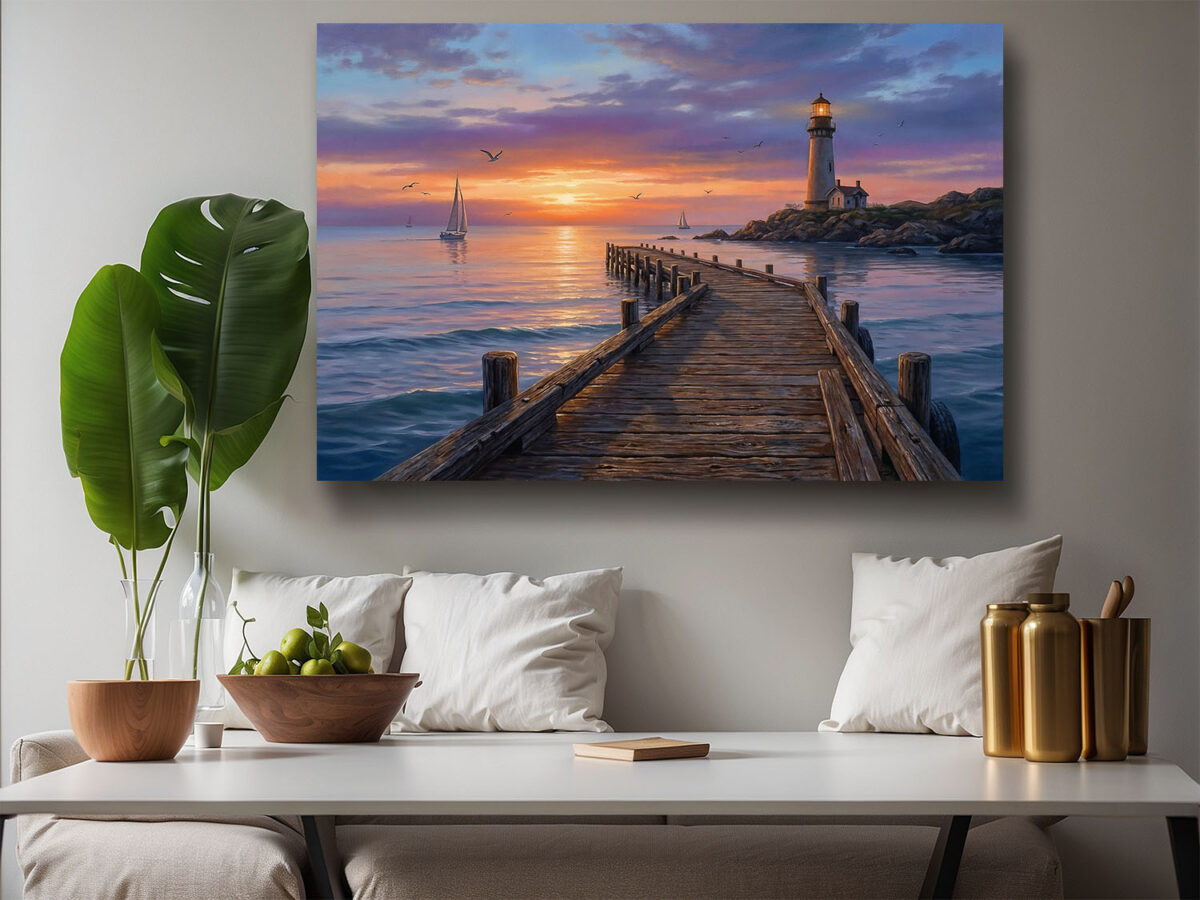 XXL Leinwandbild Leuchtturm und Steg - Wandbild Maritim