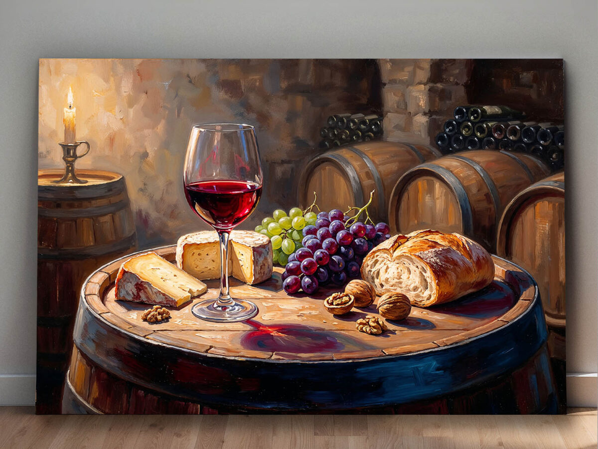 XXL Leinwandbild Stillleben im Weinkeller mit Rotwein, Käse und Früchten