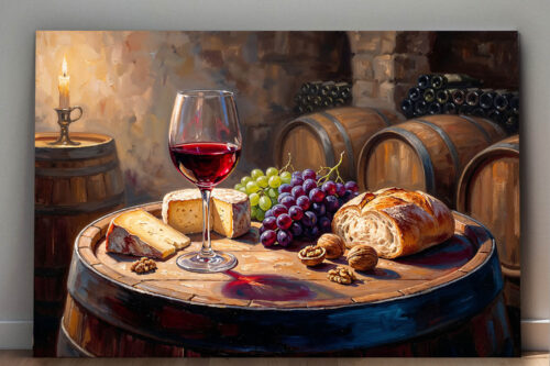 stillleben6_0000_Gruppe 5 XXL Leinwandbild Stillleben im Weinkeller mit Rotwein, Käse und Früchten