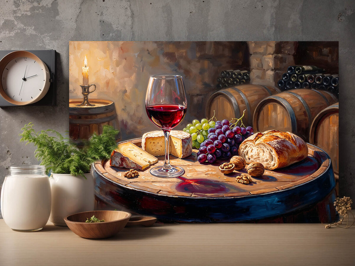 XXL Leinwandbild Stillleben im Weinkeller mit Rotwein, Käse und Früchten