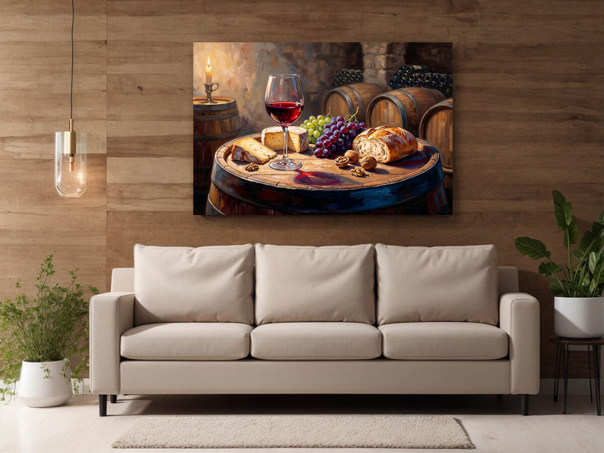 XXL Leinwandbild Stillleben im Weinkeller mit Rotwein, Käse und Früchten